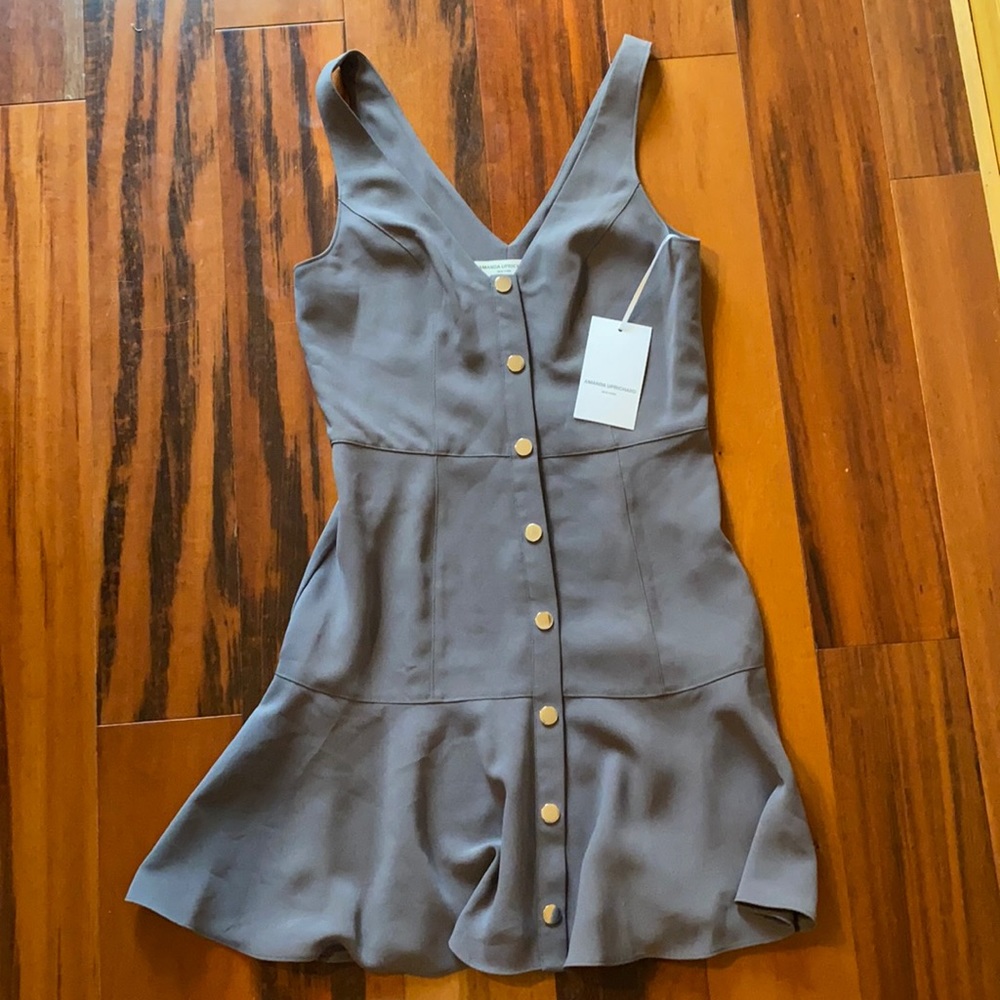 AMANDA UPRICHARD | Grey Silk Button Up Fit and Flare Dress with Silver Buttons